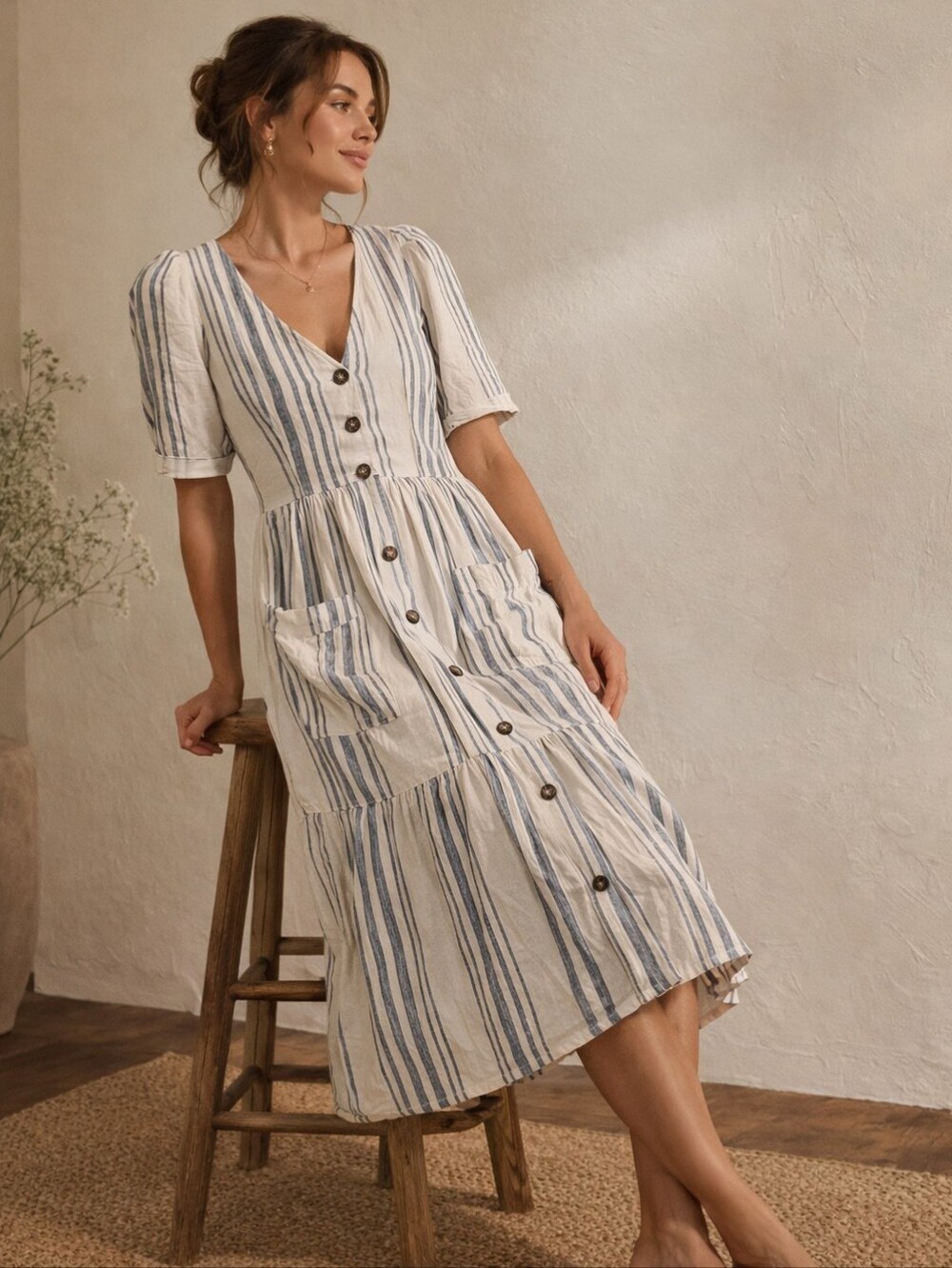 Linen Blend Striped Button-Front Midi Dress Cottage Core Zara Sz S